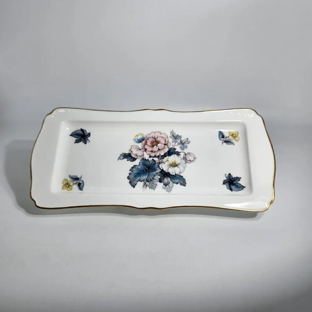 Royal Worcester Bone China Bone Rectangular Serving Tray Floral Design Gold Trim
